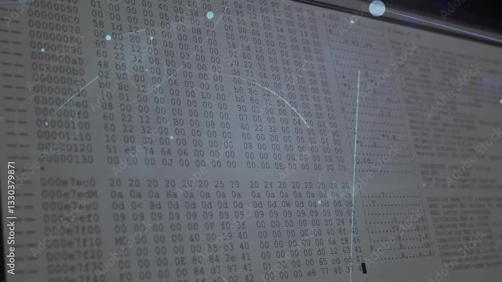Poster hexadecimal code displayed on screen with digital network overlay animation