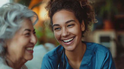 A home health care worker assists an elderly woman in her home / Healthcare aide / Medical assistant