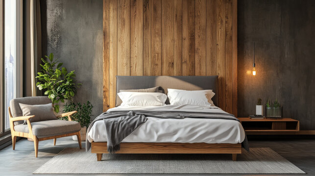 A loft-style bedroom in a modern apartment, featuring a comfortable double bed with soft bedding and a minimalist armchair against a wooden accent wall