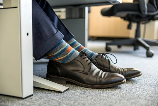 Business professional sitting at desk wearing formal shoes with colorful socks in modern office setting showcasing confident and stylish work attire
