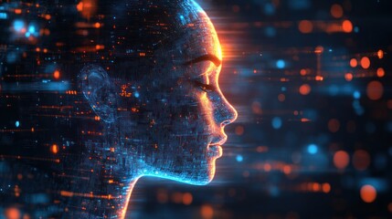 AI woman profile, digital face, data stream, glowing particles background
