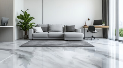 A luxurious studio apartment with a cozy sofa set on a grey rug, a white wall, grey marble flooring, and an office corner with a desk, chair, and laptop. 3D rendering