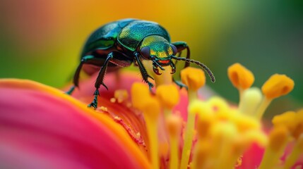 A beautiful iridescent beetle sits atop a colorful flower bloom