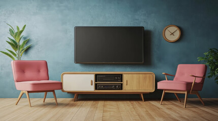 A mid-century modern living room featuring a wooden TV cabinet, a pink sofa on a wooden floor, and a white wall-mounted unit. 3D rendering