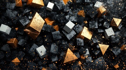 Abstract geometric shapes, gold, white, and black cubes and pyramids, 3d render, scattered, textured background.