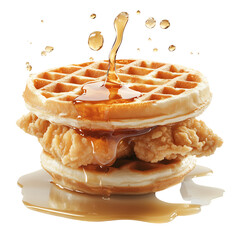 A Crispy Chicken and Waffle Sandwich with Maple Syrup Isolated on Transparent Background