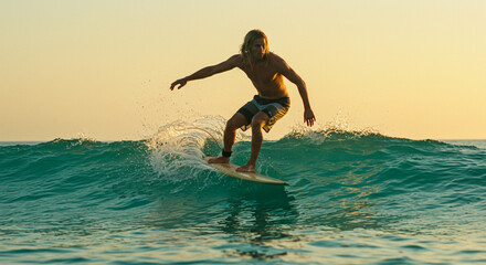 Dynamic and ultra-realistic AI-generated surf scene featuring a surfer riding a powerful wave, ocean spray, golden sunlight, and cinematic motion – high-quality action shot.