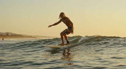Dynamic and ultra-realistic AI-generated surf scene featuring a surfer riding a powerful wave, ocean spray, golden sunlight, and cinematic motion – high-quality action shot.