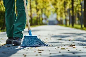 A worker in green clothing sweeps the city street with a blue broom, ensuring cleanliness in the area.