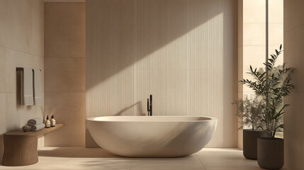 A minimalist bathroom featuring a freestanding bathtub, vertical beige tiles, a large window, and modern bath accessories. 3D rendering