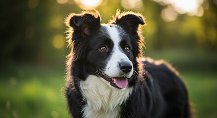 Fototapeta premium Ultra-realistic close-up of a Border Collie with erect ears, detailed fur texture, bright eyes, and soft bokeh background – cinematic and high-quality AI-generated image