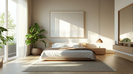 A minimalist bedroom with a light, airy design, featuring a double bed, a carpet, wooden flooring, and a large window with morning light streaming through
