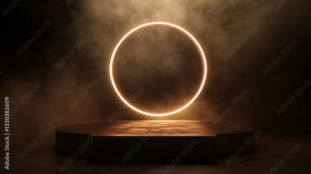 Poster a minimalistic 3d abstract background with neon lighting illuminating the circular stage walls