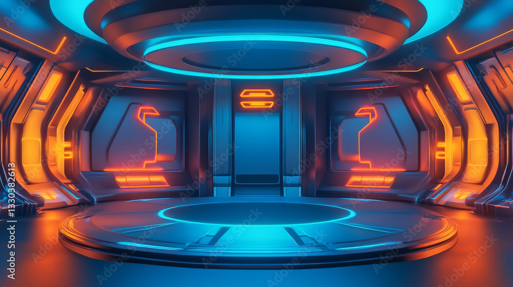 Poster a minimalistic 3d abstract background with neon lighting illuminating the circular stage walls