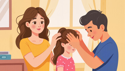 Father braiding daughter's hair in cozy bedroom, family bonding moment