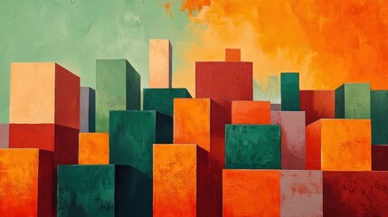 Abstract cityscape of colorful geometric blocks.