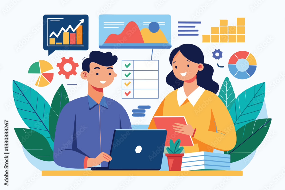 Poster two employees collaborate on financial data analysis while reviewing charts and reports in an office