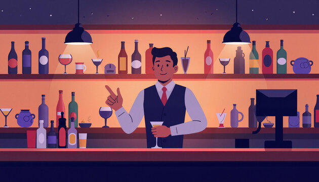 Friendly bartender serving drinks in evening bar, Labor Day celebration