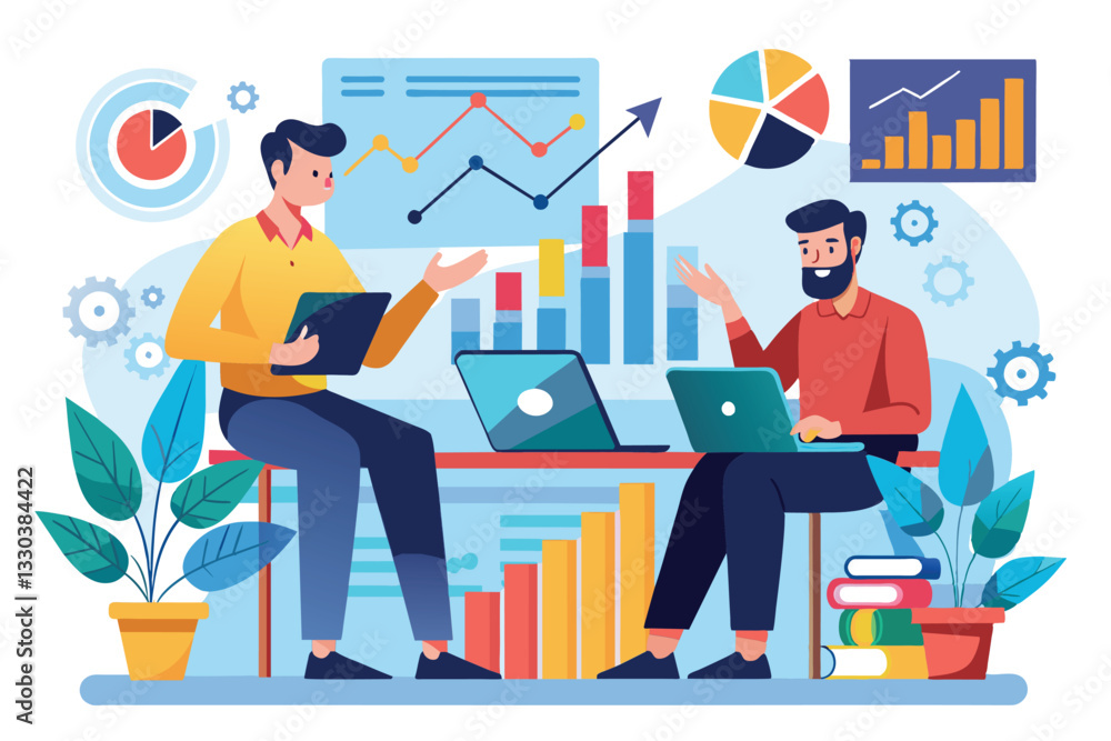 Poster two men are engaged in a discussion, analyzing growth data using laptops and charts in an office, tw