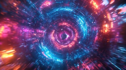 Abstract vibrant swirling tunnel with vibrant neon colors and digital distortions.