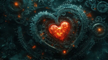 Glowing heart surrounded by intricate gears and machinery, stylized in dark teal and fiery red colors.
