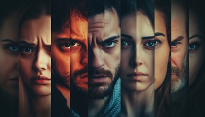 Group Of Sad And Depressed Individuals Create A Collective Collage. Both Men And Women Are Portrayed As Unhappy And Melancholic.