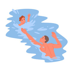Emergency first aid to drowning kid by professional lifeguard. Young male rescuer swimming to boy screaming in blue sea or ocean water to help, child at risk of drowning cartoon vector illustration