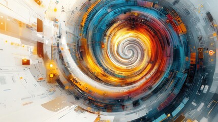 Abstract swirling vortex design with vibrant colors and geometric shapes.