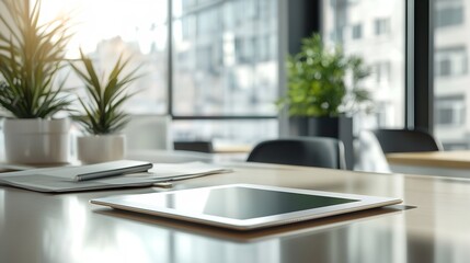 Tablet Mockup Displaying Blank Screen in Modern Living Room Setting with Wooden Table and Lush Greenery for Design Presentation