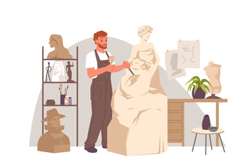Sculptor man making body of stone statue in artisan creative master class at workshop interior. Guy with beard and jumpsuit working on model with hammer and chisel cartoon vector illustration