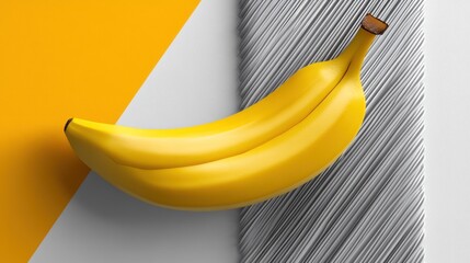 Fresh, yellow banana on a white and orange background with a striped texture.