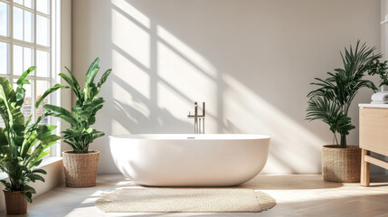 Fototapeta premium A modern white bathtub in a minimalist bathroom, set within a cozy apartment or hotel room with elegant home decor
