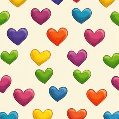 Colorful heart pattern.  A repeating design of many glossy, vibrant colored hearts on a cream background