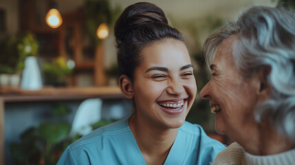 A home health care worker assists an elderly woman in her home / Healthcare aide / Medical assistant