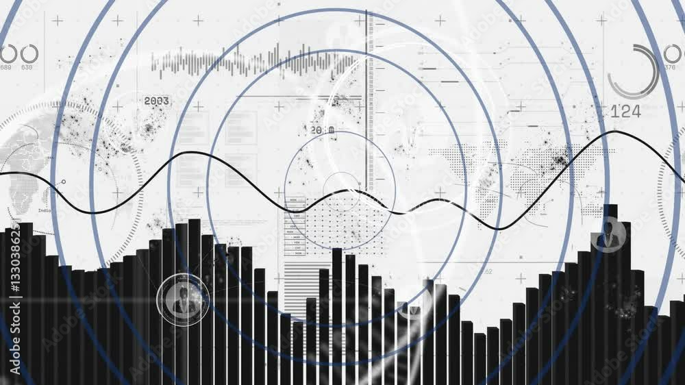 Poster using animation, abstract data visualization with bar graphs and circular patterns
