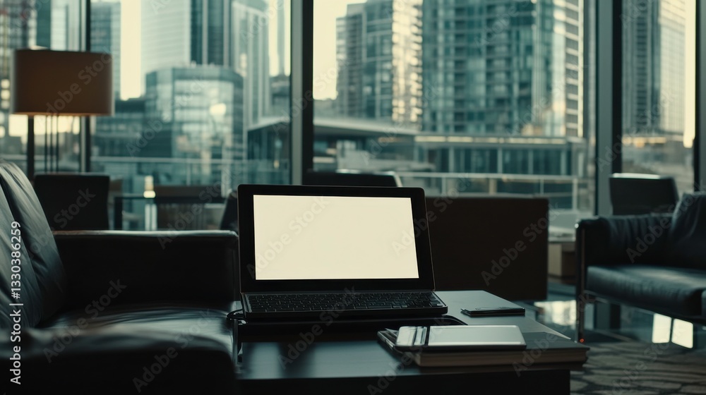 Poster modern office setup with digital device display