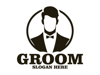 elegant groom silhouette with stylized hair and bow tie against a plain white background, groom illustration suitable for vector logo