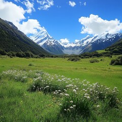 Fototapeta premium Alpine meadow with flowers and mountains in the background, New Zealand