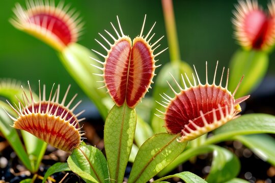 a close-up of a group of venus flytraps dionaea muscipula a carnivorous plant primer plano de un grupo de venus atrapamoscas dionaea muscipula una planta carn&iacute;vora
