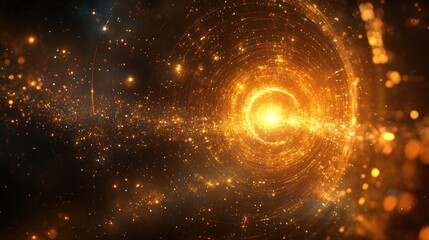Abstract golden spiral vortex with glowing particles in dark background.