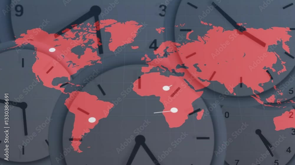 Poster world map with clock faces showing different time zones in animation style