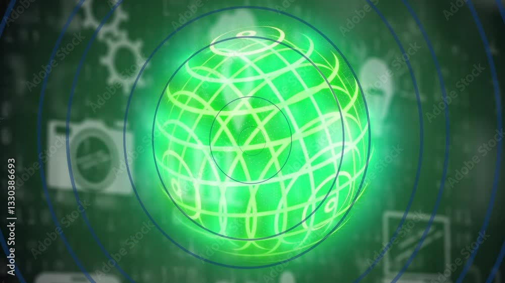 Poster glowing green sphere with digital symbols and animation of network connections