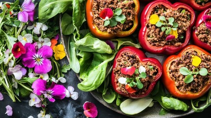 Fototapeta premium Delicious Stuffed Peppers with Edible Flowers, a Vibrant and Healthy Meal