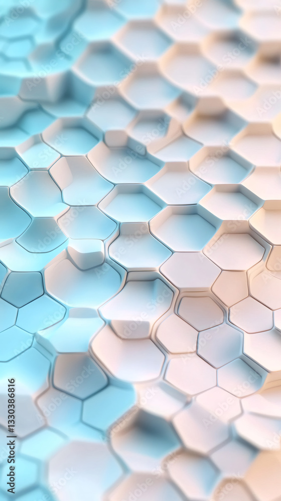Poster White and light blue hexagon pattern creating a futuristic wavy surface with a gradient from blue to white