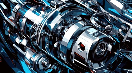 Abstract close-up view of intricate engine components, showcasing complex machinery, vibrant metallic colors, and detailed engineering design.