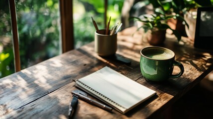 Cozy workspace with green tea, stationery, and natural light in a relaxing indoor garden setting