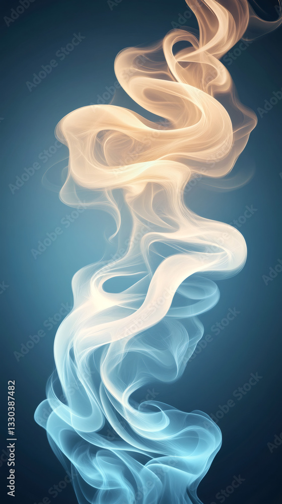 Poster Vibrant smoke twirling, curling dynamically in blue space, generating fluid abstract pattern with intense color movement