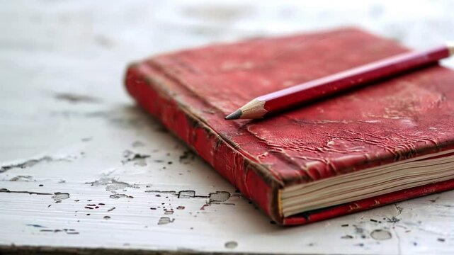 A vintage red notebook with an ornate cover and a pencil lying on an old textured surface.