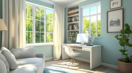 A small apartment living room repurposed as a home office, ideal for real estate rentals and home staging