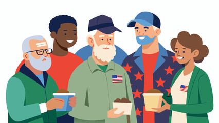 A group of retired military veterans volunteering at a shelter for homeless veterans using their shared experiences to uplift and support their brothers and sisters in arms.. Vector illustration